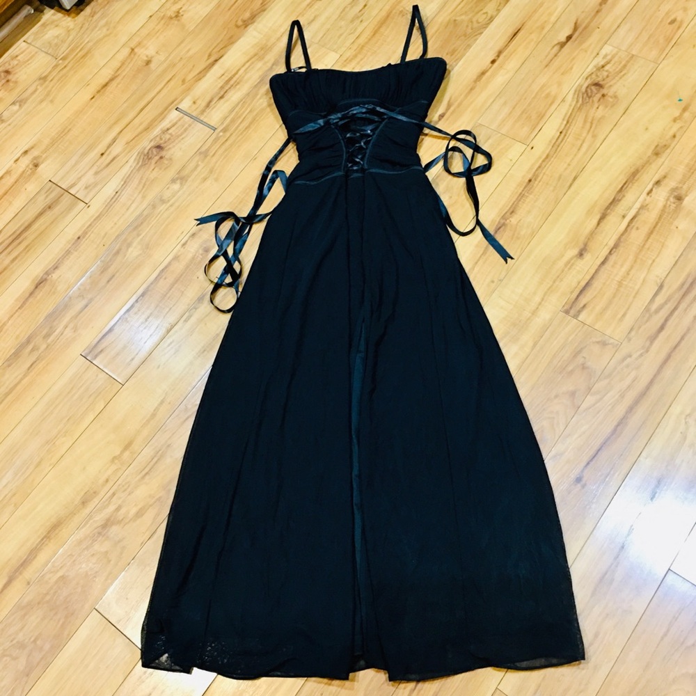 Tadashi vintage black corset maxi dress gown ruched smocked prom witchy goth